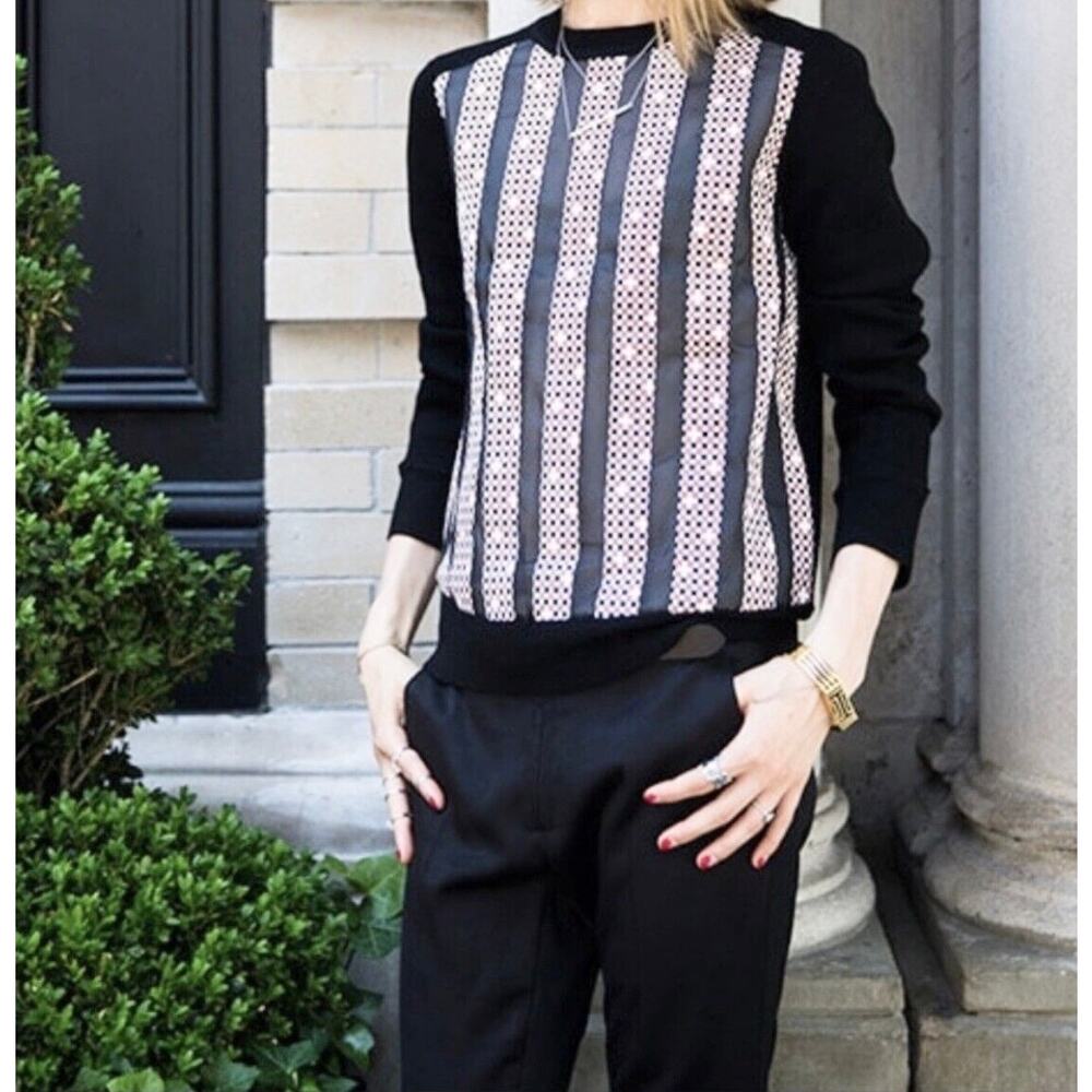 Tory Burch Black Merino Wool Geometric Striped Silk Panel Crewneck Sweater Sz XS